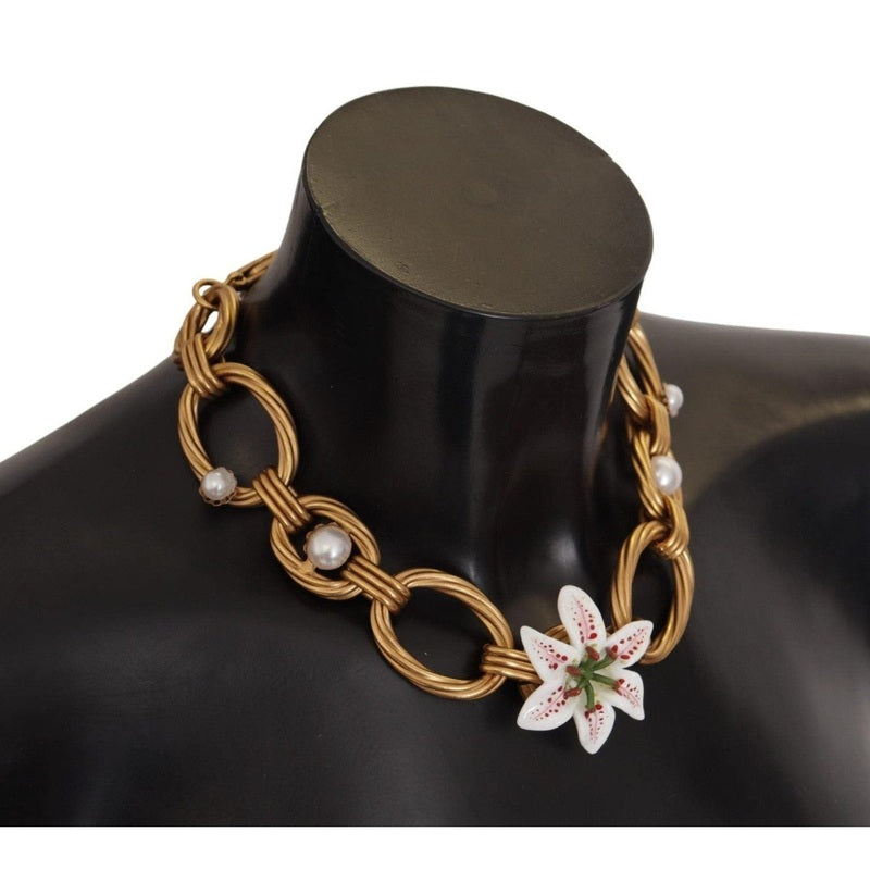 Dolce & Gabbana Gold White Lily Floral Chain Statement Necklace
