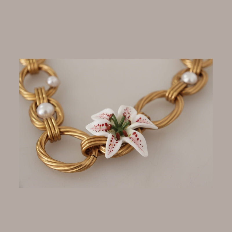 Dolce & Gabbana Gold White Lily Floral Chain Statement Necklace