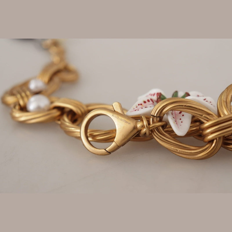 Dolce & Gabbana Gold White Lily Floral Chain Statement Necklace