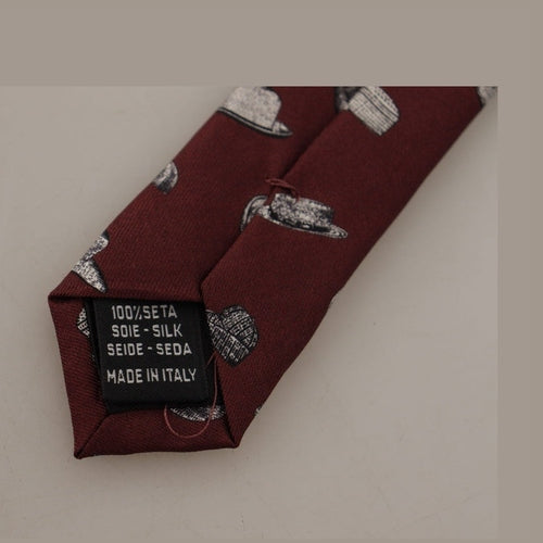 Dolce & Gabbana Maroon Hat Pattern 100% Silk Adjustable Accessory Tie