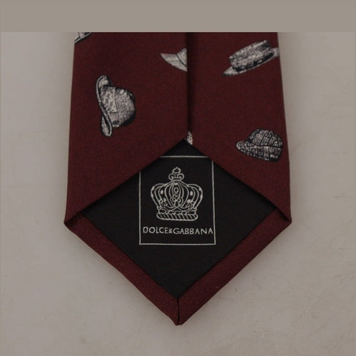 Dolce & Gabbana Maroon Hat Pattern 100% Silk Adjustable Accessory Tie