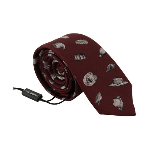 Dolce & Gabbana Maroon Hat Pattern 100% Silk Adjustable Accessory Tie