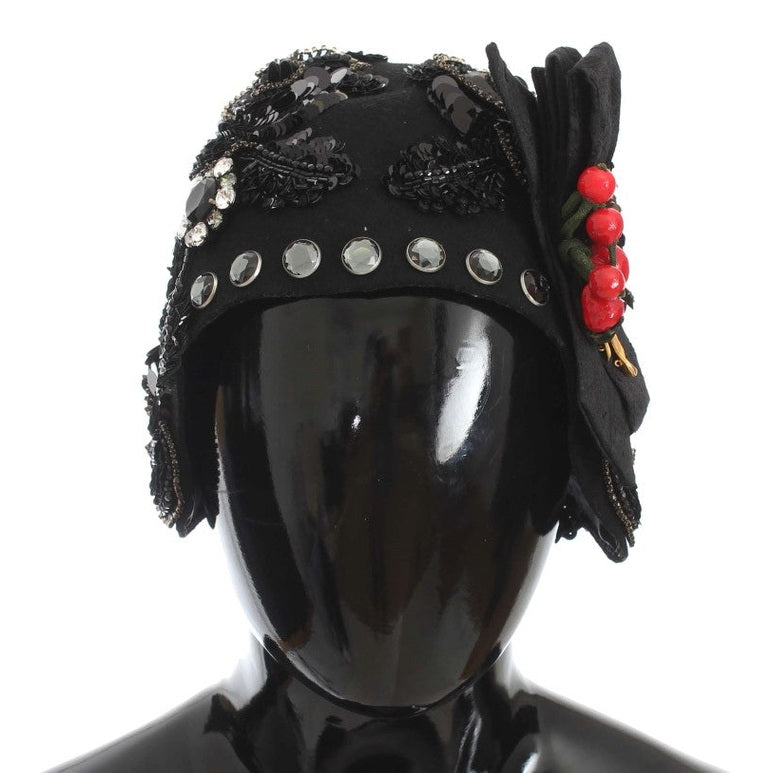 Dolce & Gabbana Black Crystal Gold Cherries Brooch Hat