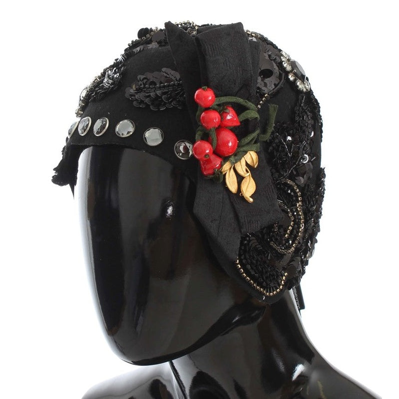 Dolce & Gabbana Black Crystal Gold Cherries Brooch Hat