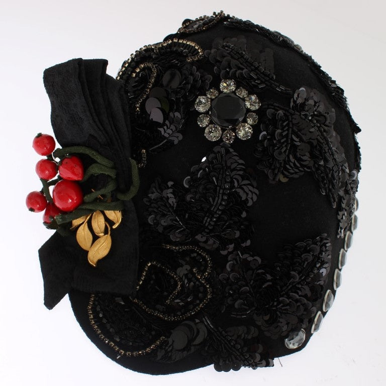 Dolce & Gabbana Black Crystal Gold Cherries Brooch Hat