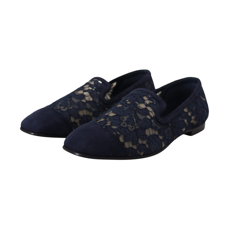 Dolce & Gabbana Blue Floral Lace Slip Ons Loafers Flats Shoes