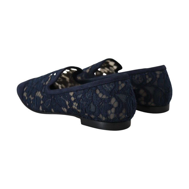 Dolce & Gabbana Blue Floral Lace Slip Ons Loafers Flats Shoes