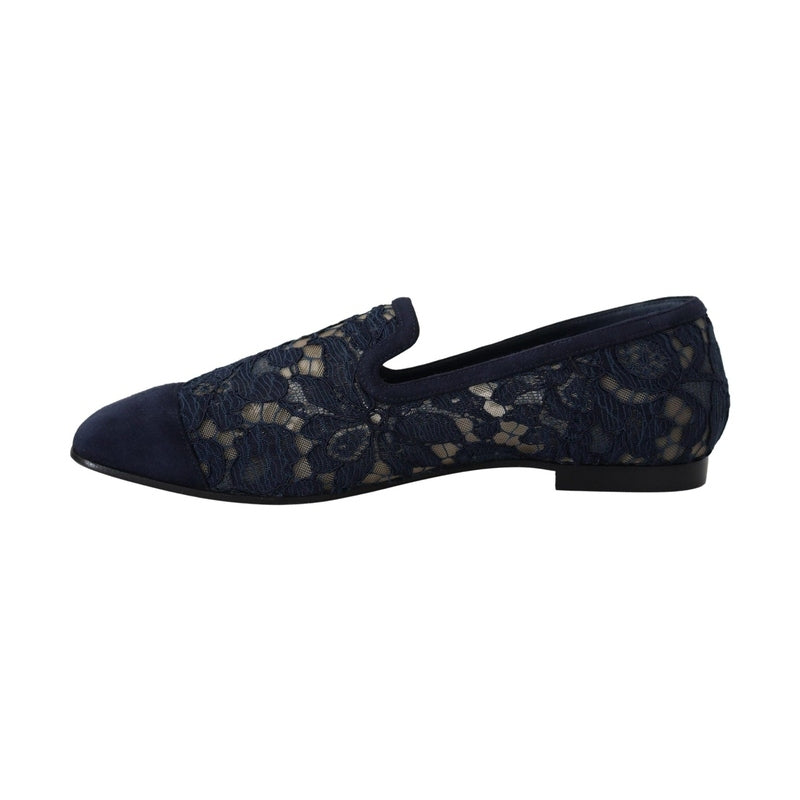 Dolce & Gabbana Blue Floral Lace Slip Ons Loafers Flats Shoes