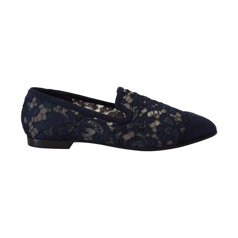 Dolce & Gabbana Blue Floral Lace Slip Ons Loafers Flats Shoes
