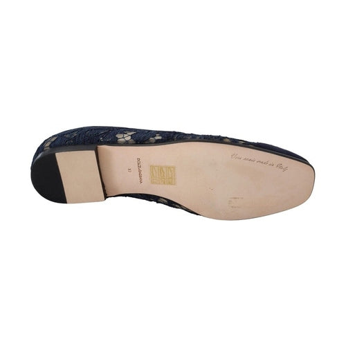 Dolce & Gabbana Blue Floral Lace Slip Ons Loafers Flats Shoes