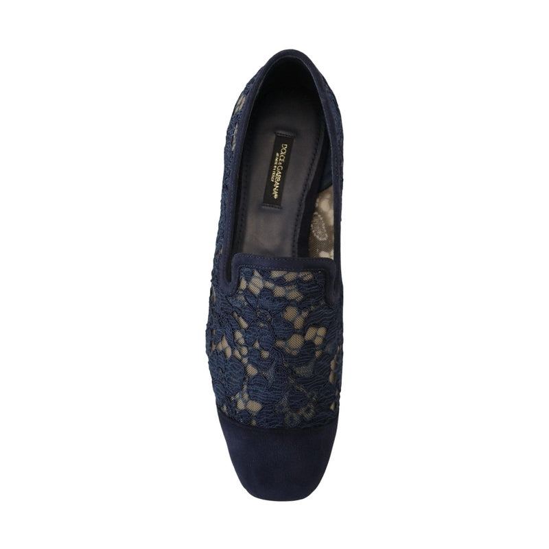 Dolce & Gabbana Blue Floral Lace Slip Ons Loafers Flats Shoes
