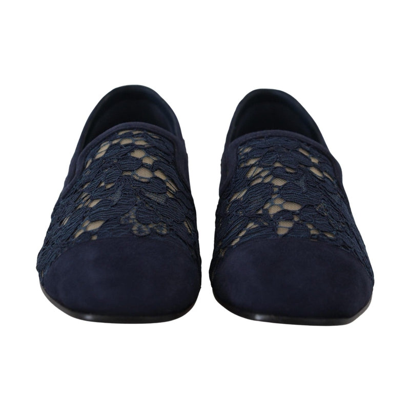 Dolce & Gabbana Blue Floral Lace Slip Ons Loafers Flats Shoes