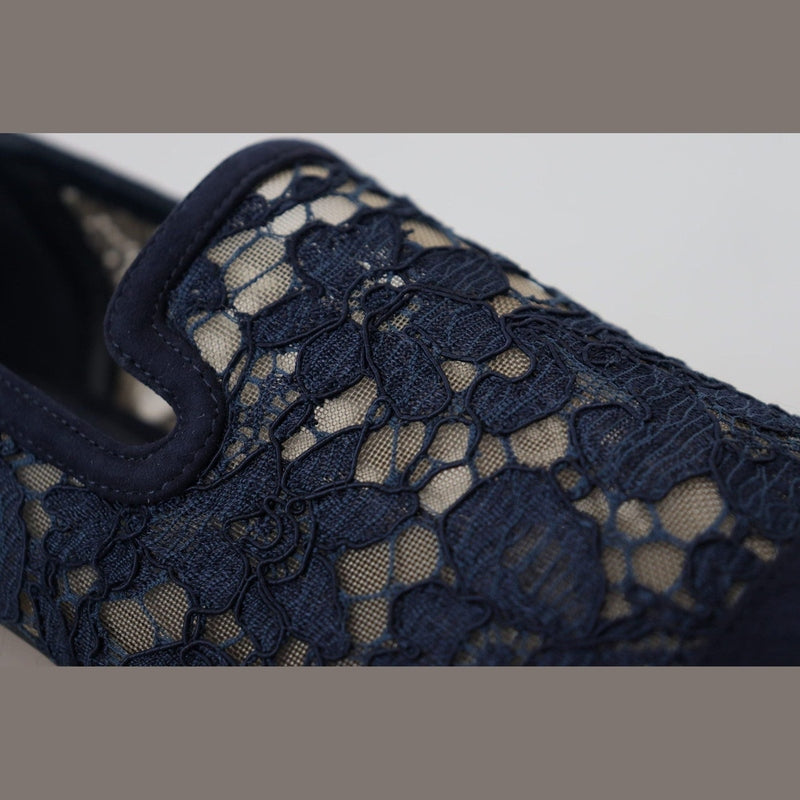 Dolce & Gabbana Blue Floral Lace Slip Ons Loafers Flats Shoes