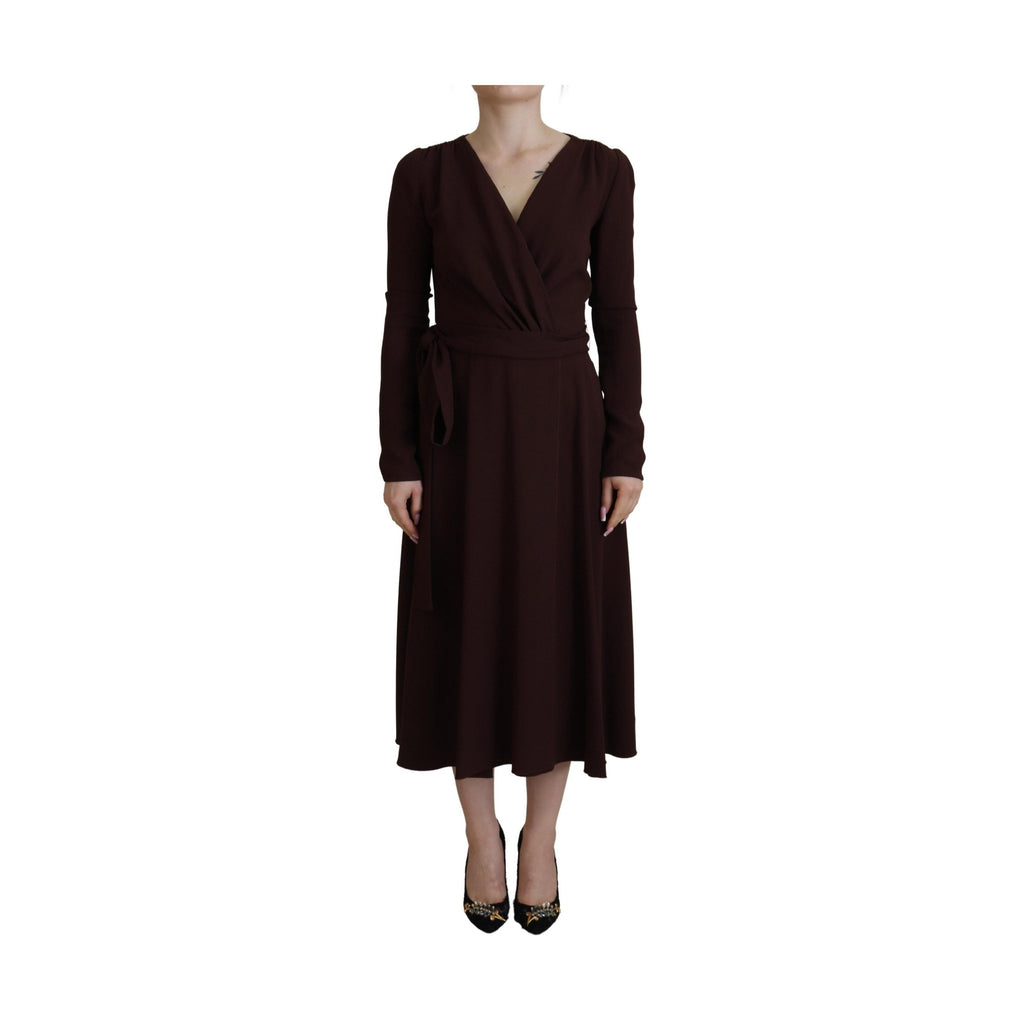 Brown Wrap Long Sleeve Midi Stretch Dress