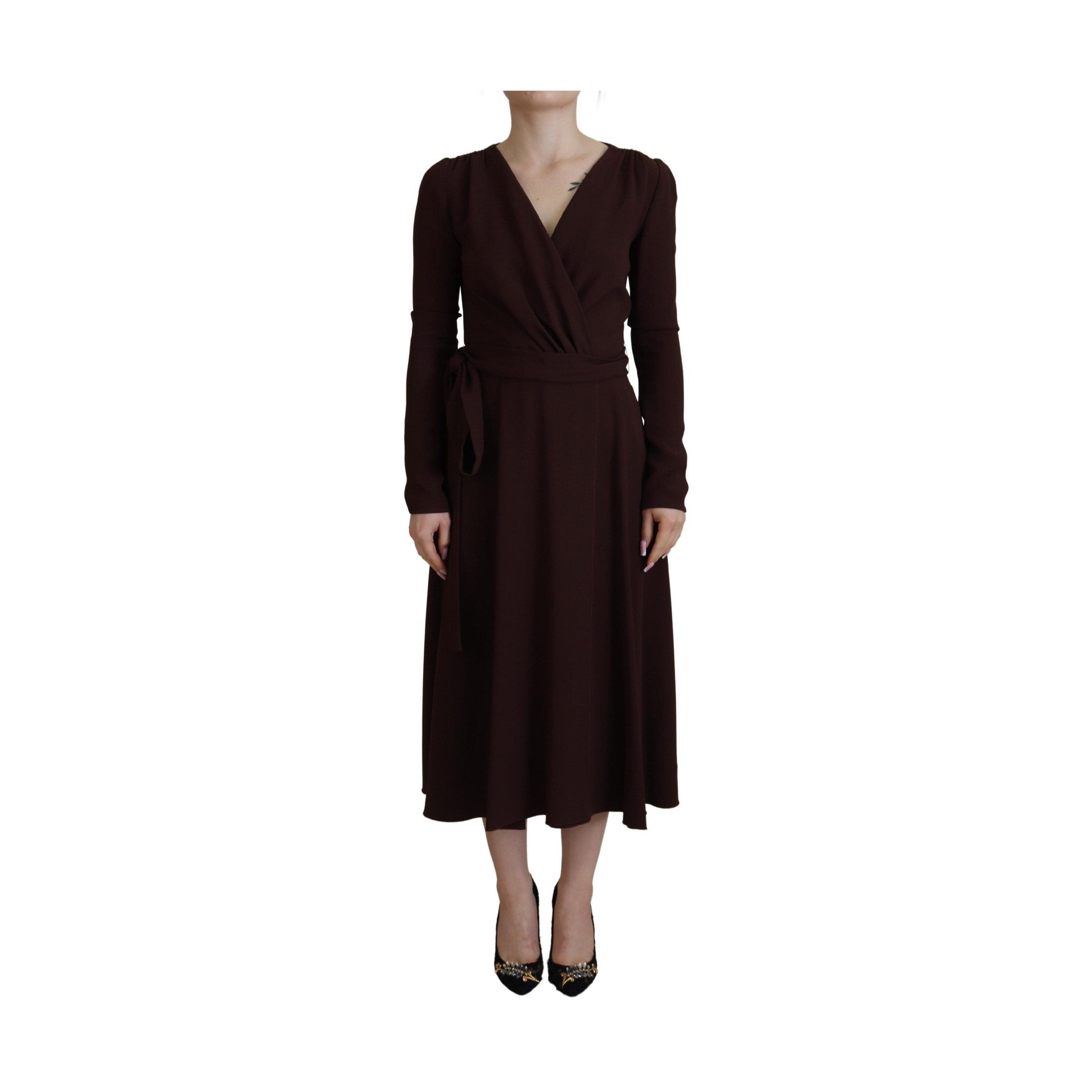 Brown Wrap Long Sleeve Midi Stretch Dress