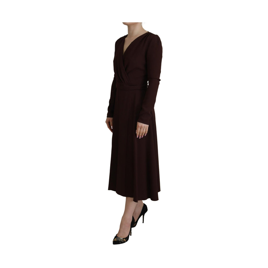 Brown Wrap Long Sleeve Midi Stretch Dress
