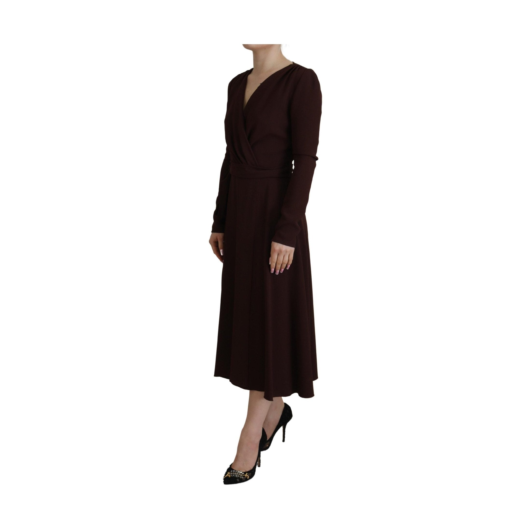 Brown Wrap Long Sleeve Midi Stretch Dress