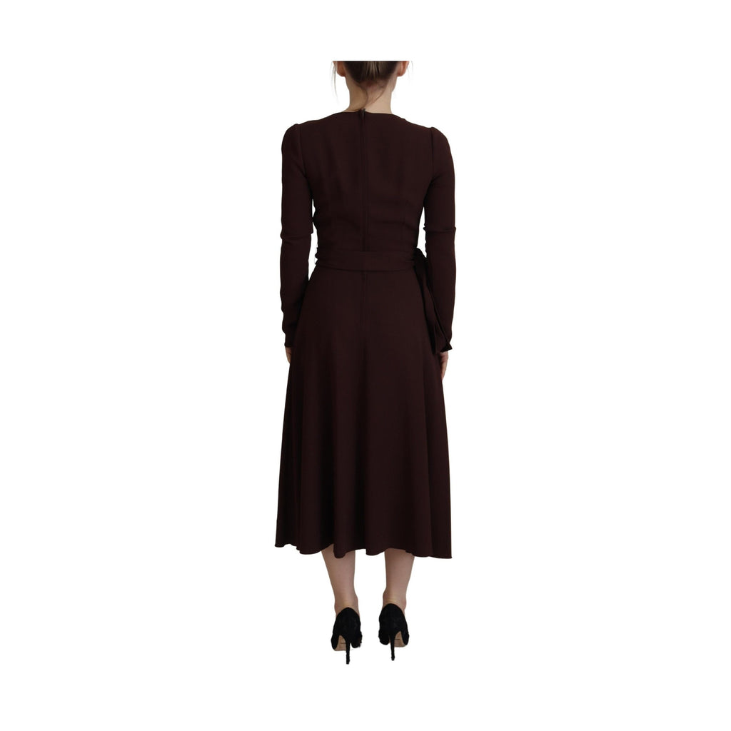 Brown Wrap Long Sleeve Midi Stretch Dress