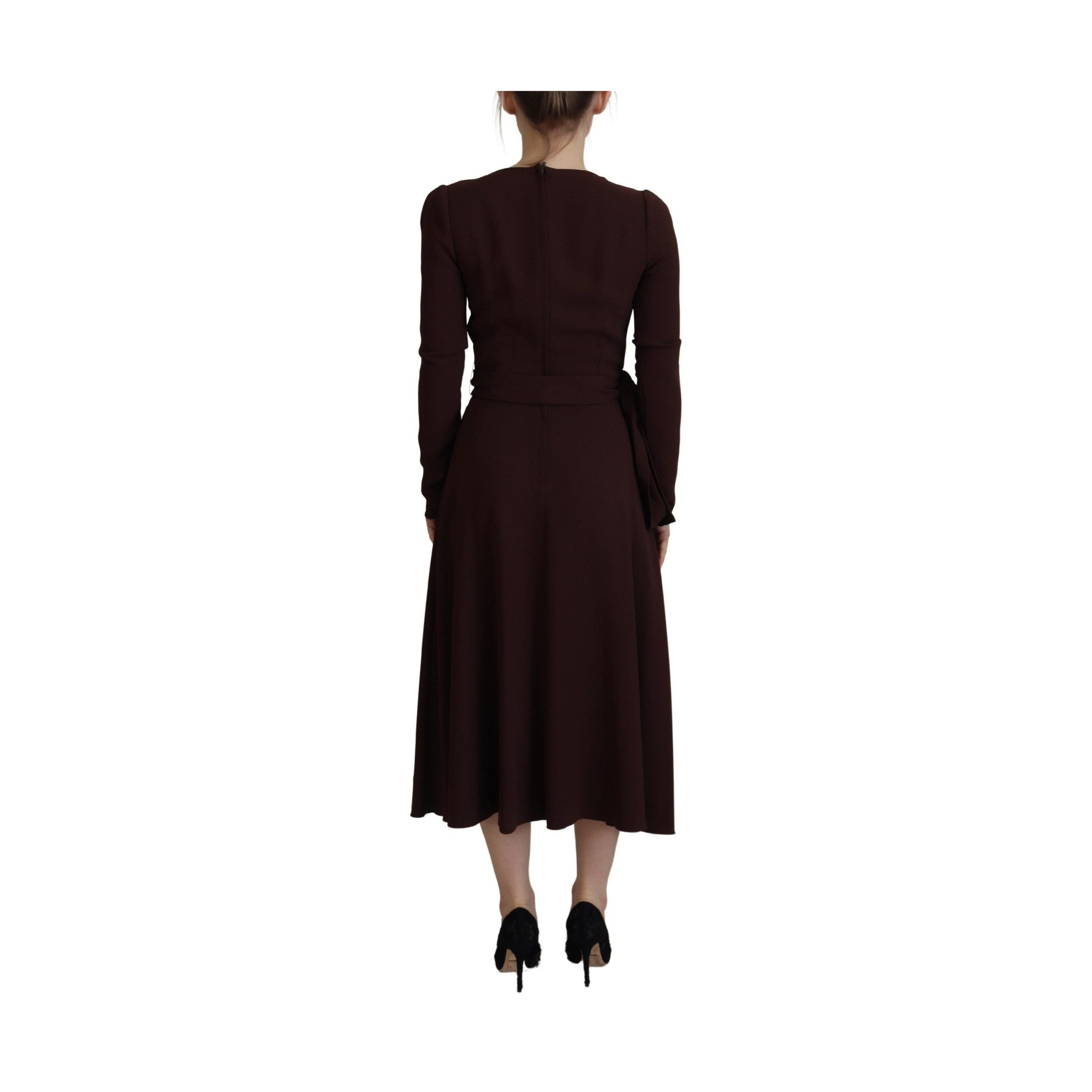 Brown Wrap Long Sleeve Midi Stretch Dress
