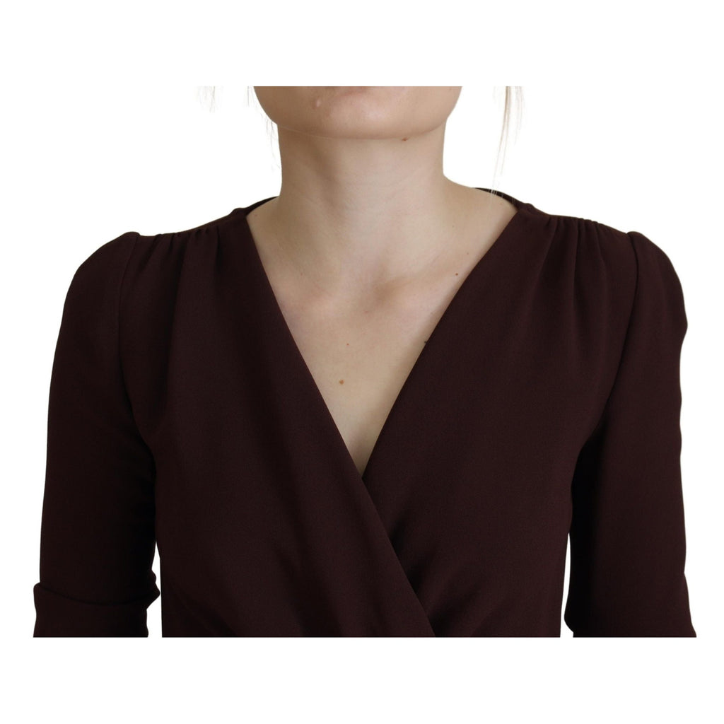 Brown Wrap Long Sleeve Midi Stretch Dress