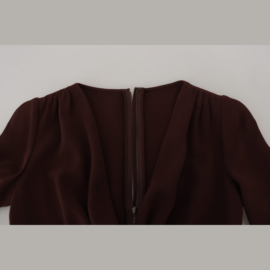 Brown Wrap Long Sleeve Midi Stretch Dress