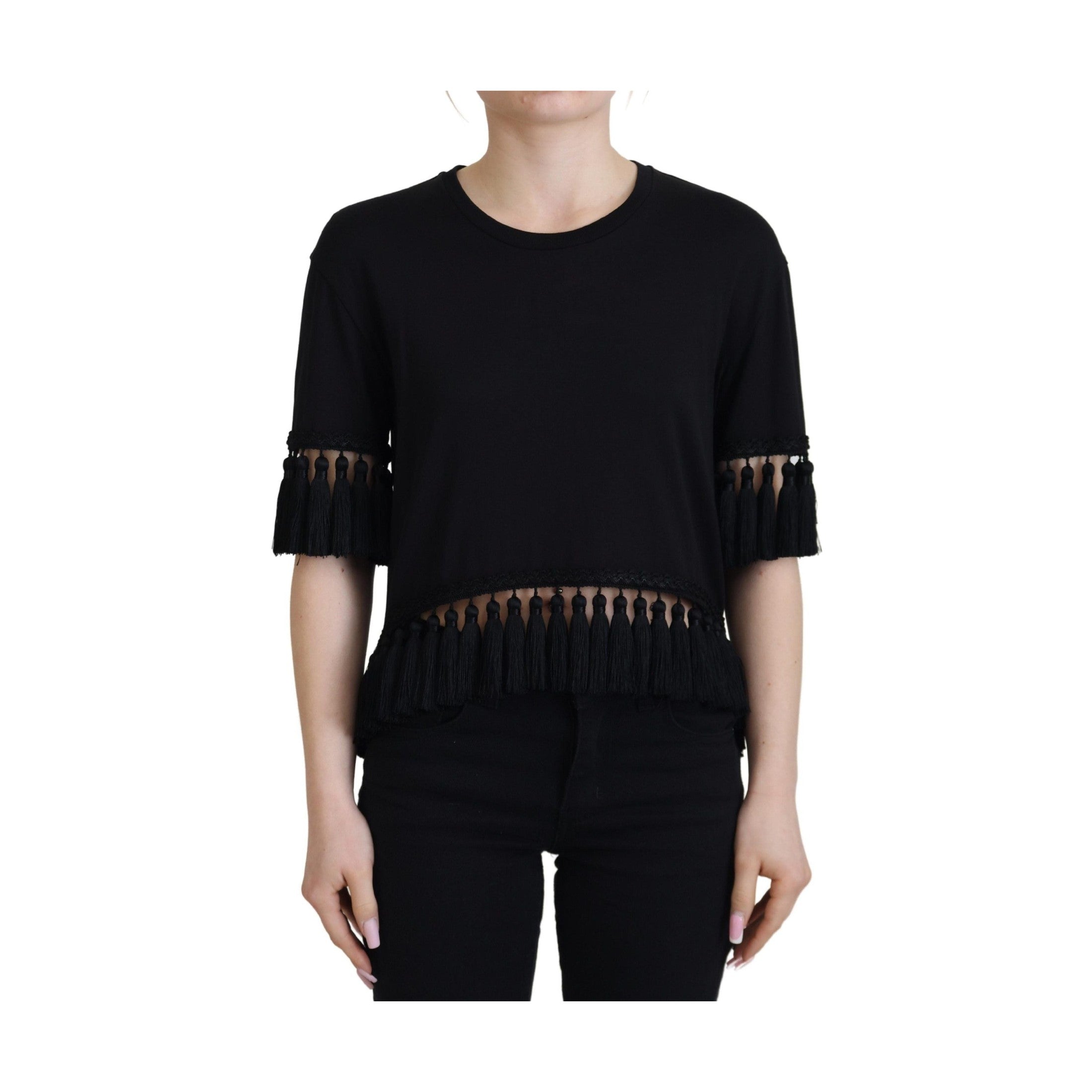Dolce & Gabbana Black T-shirt Blouse Tassle Cotton Blouse