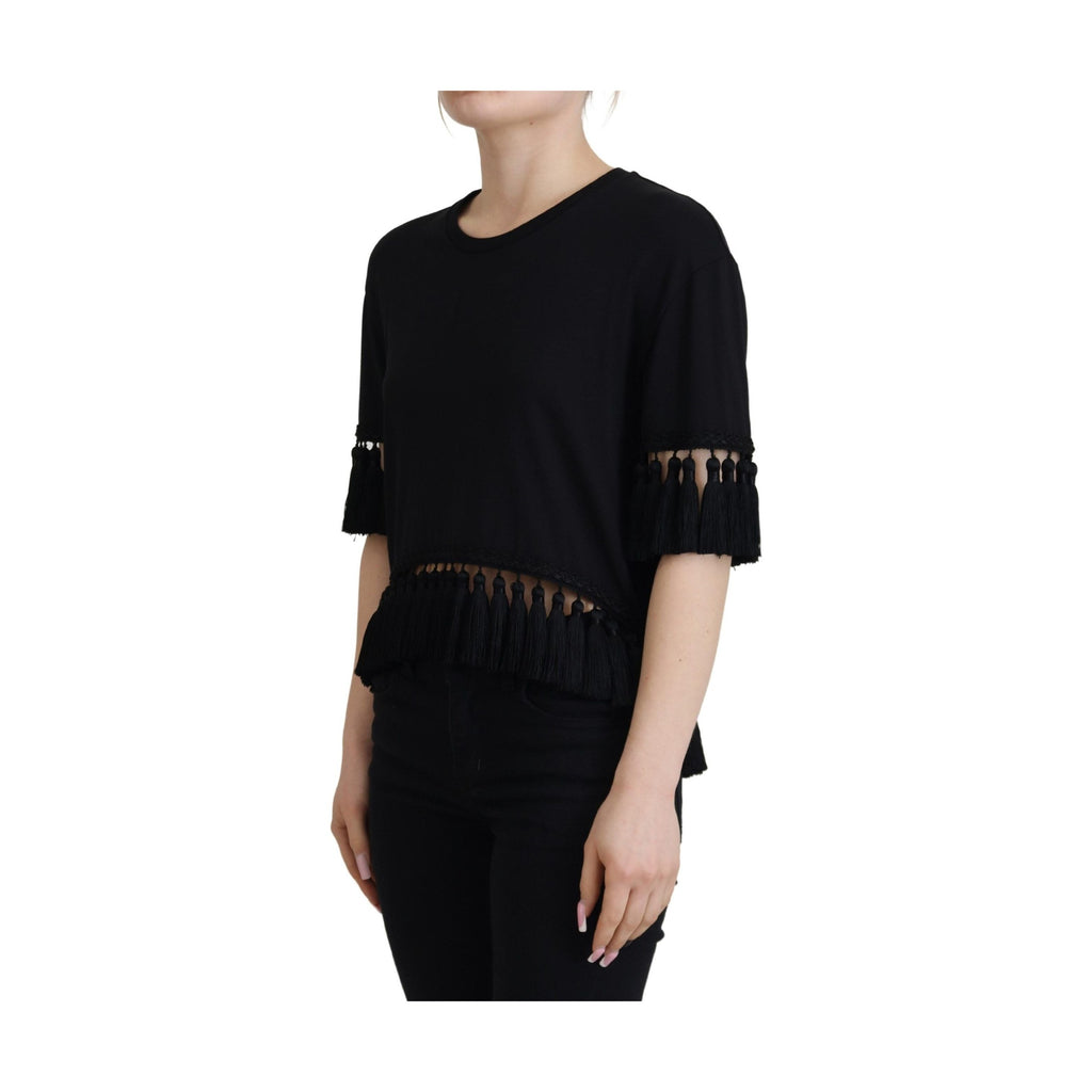 Dolce & Gabbana Black T-shirt Blouse Tassle Cotton Blouse