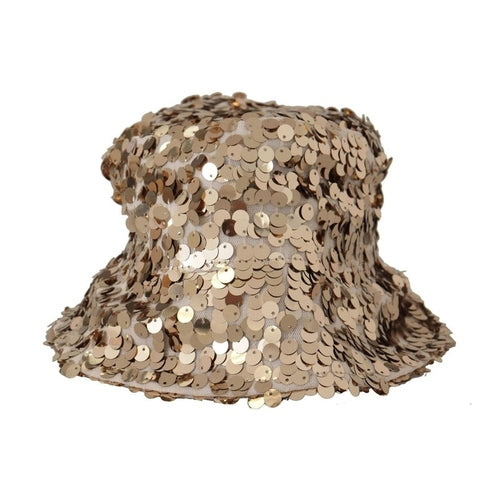 Dolce & Gabbana Gold Silk Sequin Embellished Designer Brim Bucket Hat