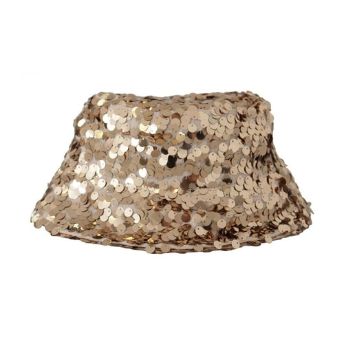 Dolce & Gabbana Gold Silk Sequin Embellished Designer Brim Bucket Hat