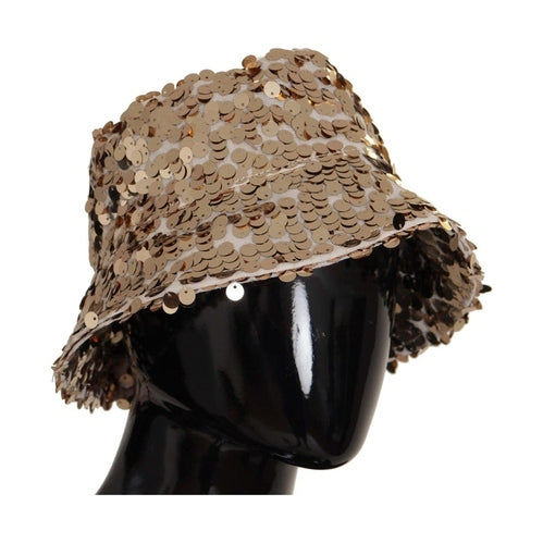Dolce & Gabbana Gold Silk Sequin Embellished Designer Brim Bucket Hat