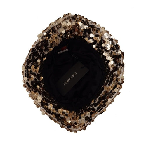 Dolce & Gabbana Gold Silk Sequin Embellished Designer Brim Bucket Hat