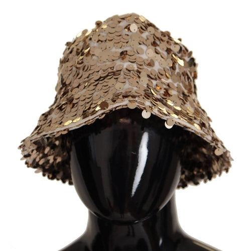 Dolce & Gabbana Gold Silk Sequin Embellished Designer Brim Bucket Hat