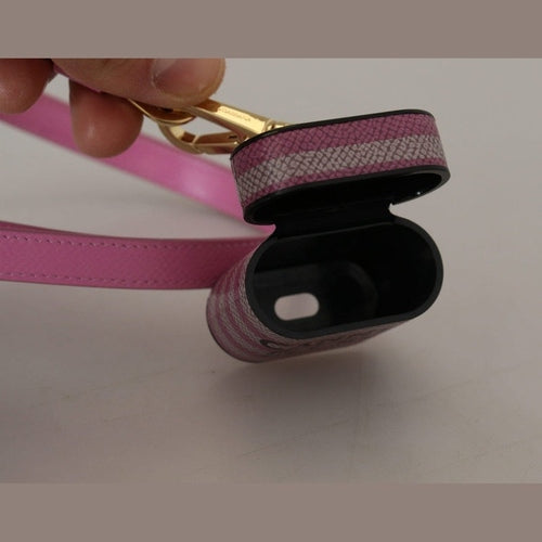 Dolce & Gabbana Pink Black Leather Strap Gold Metal Logo Airpods Case
