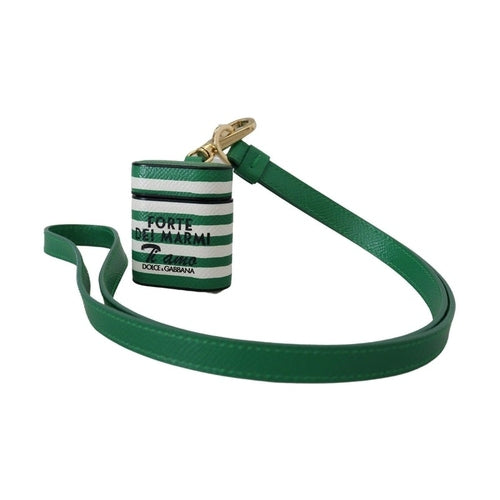 Dolce & Gabbana Green Leather Strap Gold Metal Logo Airpods Case