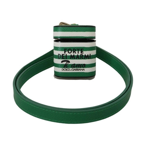 Dolce & Gabbana Green Leather Strap Gold Metal Logo Airpods Case