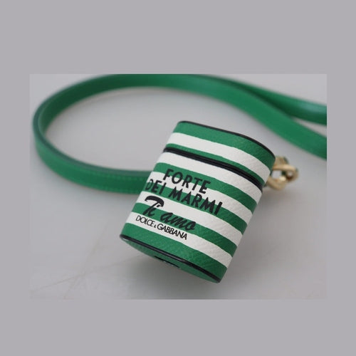Dolce & Gabbana Green Leather Strap Gold Metal Logo Airpods Case