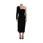 Dolce & Gabbana Black Wrap Sheath One Shoulder Wool Dress