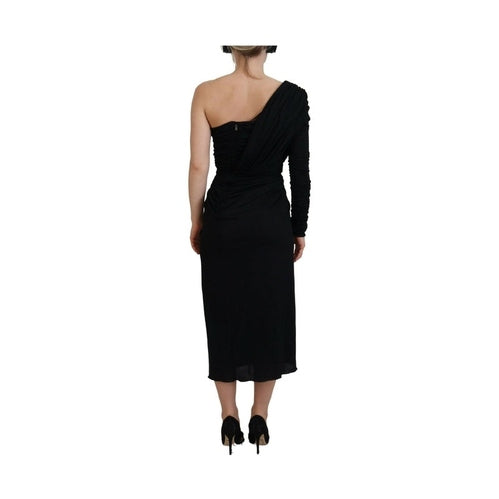 Dolce & Gabbana Black Wrap Sheath One Shoulder Wool Dress