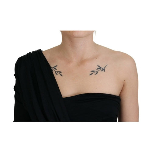 Dolce & Gabbana Black Wrap Sheath One Shoulder Wool Dress
