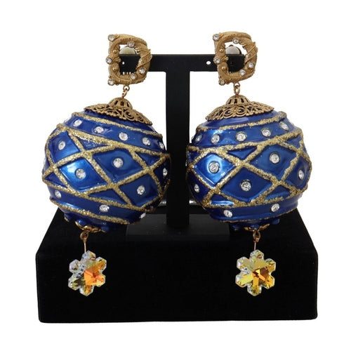 Dolce & Gabbana Gold Brass Blue Dangle Ball Crystal Clip On Earrings