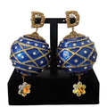 Gold Brass Blue Dangle Ball Crystal Clip On Earrings
