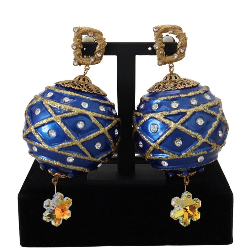 Dolce & Gabbana Gold Brass Blue Dangle Ball Crystal Clip On Earrings