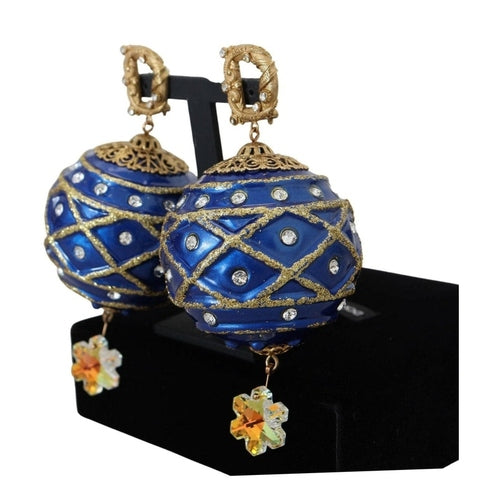 Dolce & Gabbana Gold Brass Blue Dangle Ball Crystal Clip On Earrings