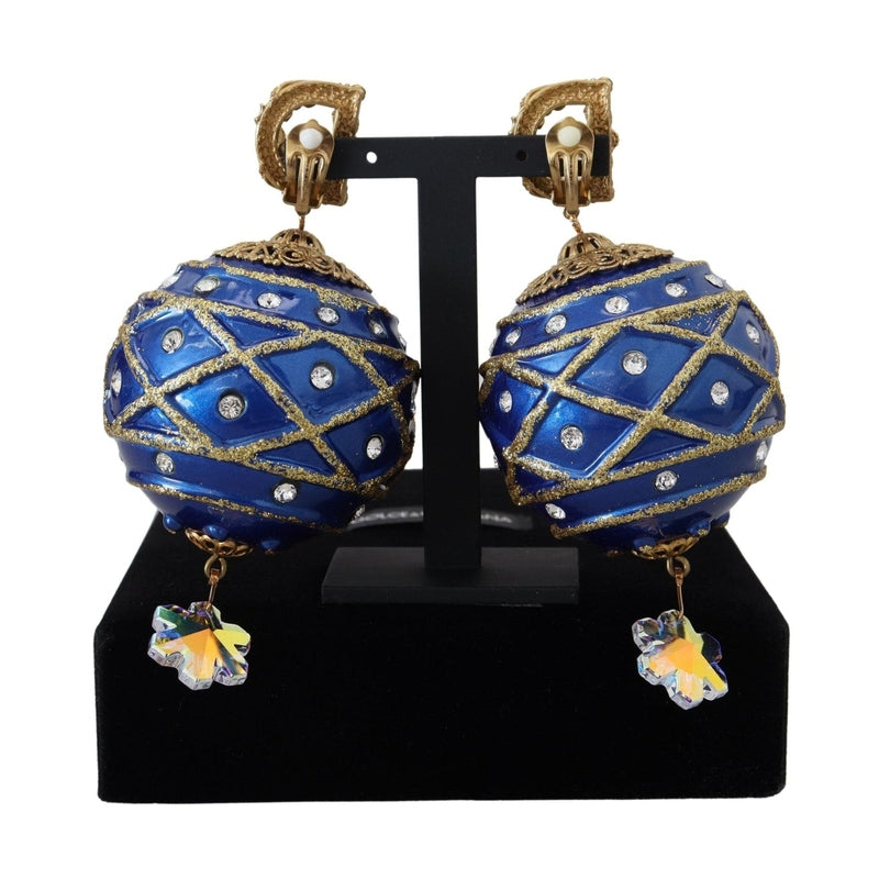 Dolce & Gabbana Gold Brass Blue Dangle Ball Crystal Clip On Earrings