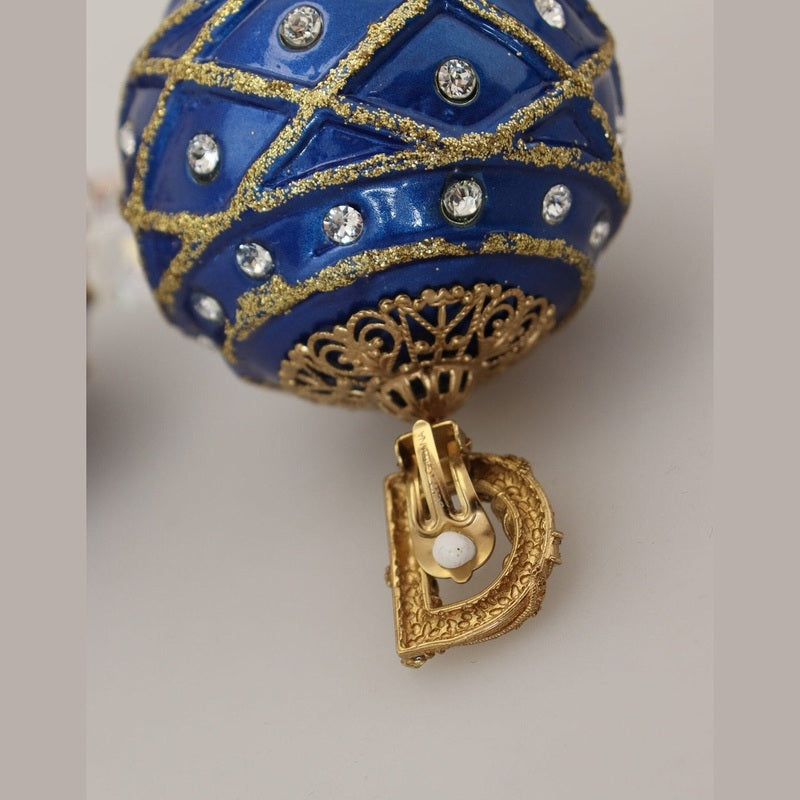 Dolce & Gabbana Gold Brass Blue Dangle Ball Crystal Clip On Earrings