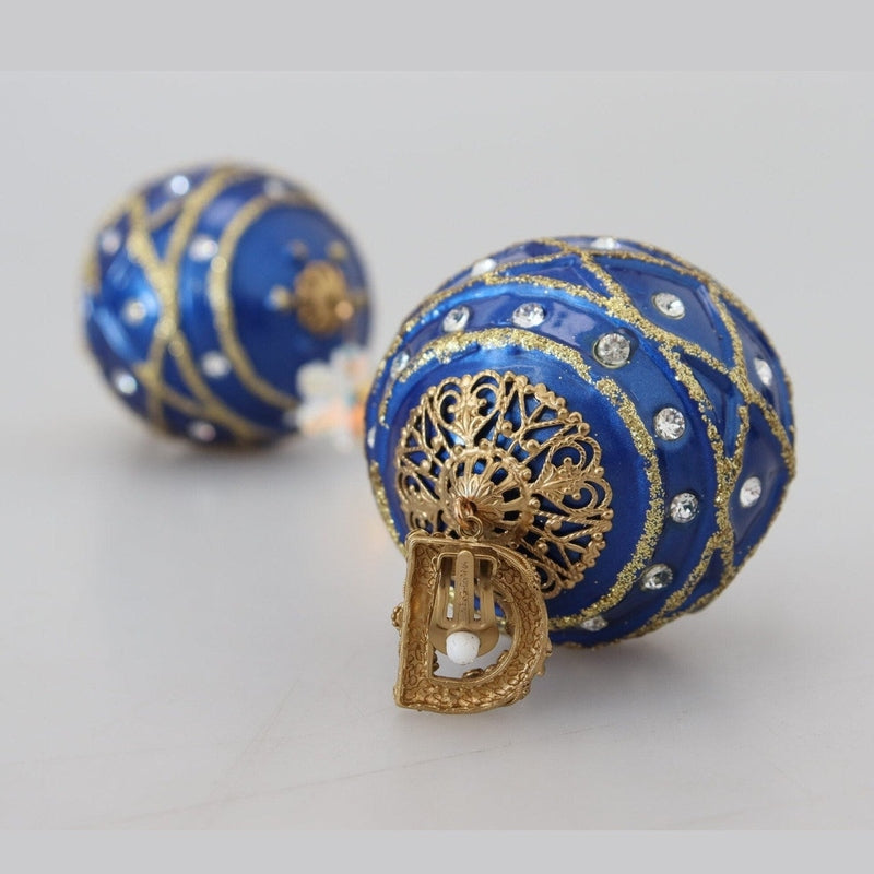 Dolce & Gabbana Gold Brass Blue Dangle Ball Crystal Clip On Earrings