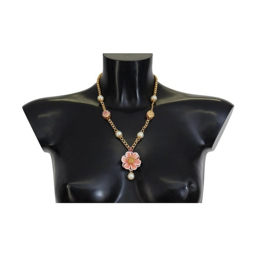 Dolce & Gabbana Gold Tone Floral Crystals Pink Embellished Necklace
