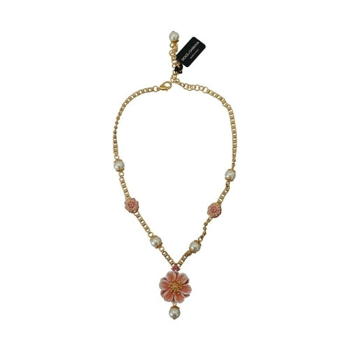 Dolce & Gabbana Gold Tone Floral Crystals Pink Embellished Necklace