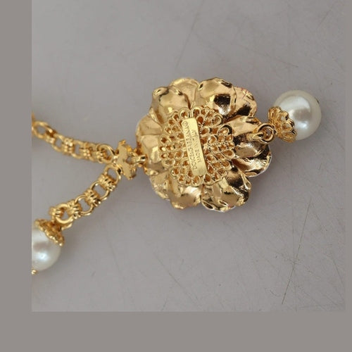 Dolce & Gabbana Gold Tone Floral Crystals Pink Embellished Necklace