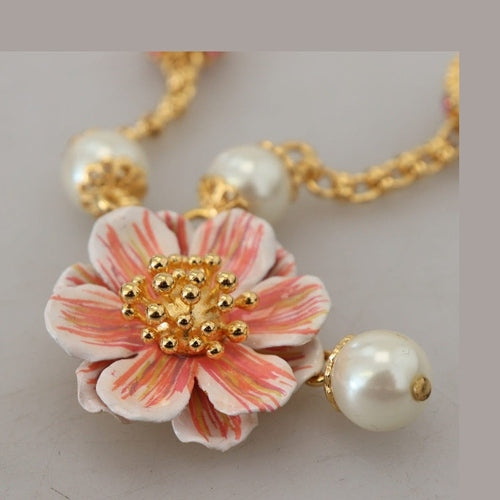 Dolce & Gabbana Gold Tone Floral Crystals Pink Embellished Necklace